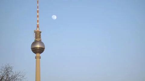 TV Tower Berlin with the Moon by its Side Stock Footage 162759927