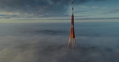 TV tower clouds drone flight above clouds Stock Footage 85322752