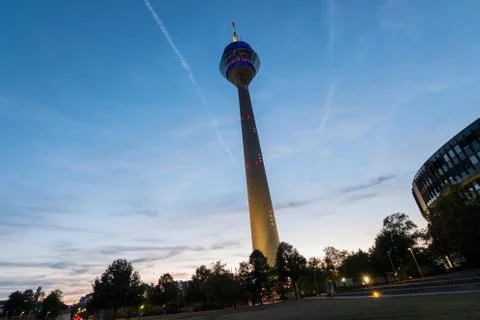 Tv Tower Dusseldorf old town at susnet Stock Photos