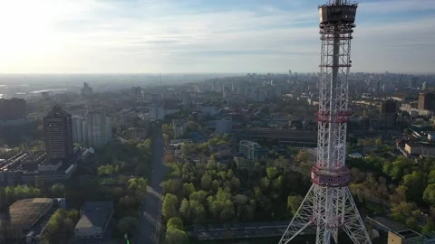 The TV tower hides to the right when flying on a drone Stock Footage 165078014