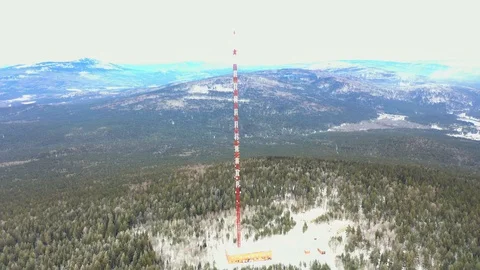 TV tower on the mountain among the winter pine forest Stock Footage 120400469