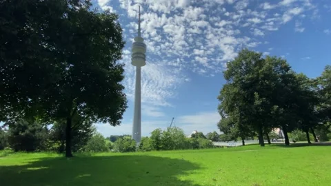 The TV tower in the Munich Olympic Park. Germany Stock Footage 164386248