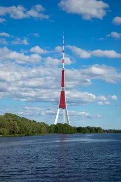 TV tower in Riga, view from the Daugava river Stock Photos