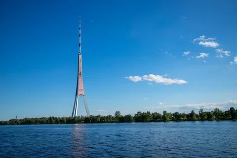 TV tower in Riga, view from the Daugava river Stock Photos