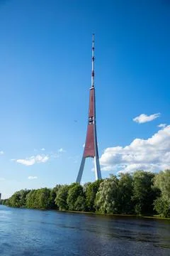 TV tower in Riga, view from the Daugava river Stock Photos