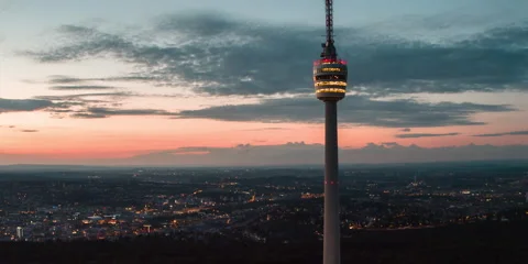 TV Tower Stuttgart Sunset Dawn overview city aerial 4k wide Video stock 153486811