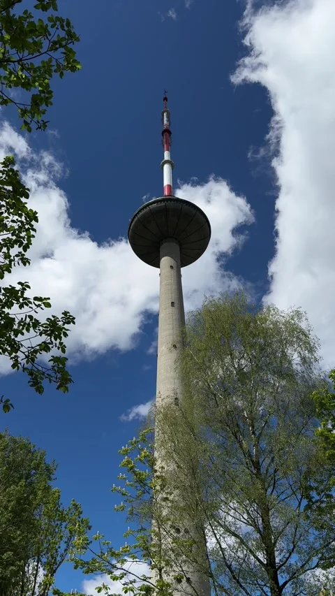 TV tower in Vilnius surrounded by trees against sky with flying clouds. Vertical Stock Footage 275167700