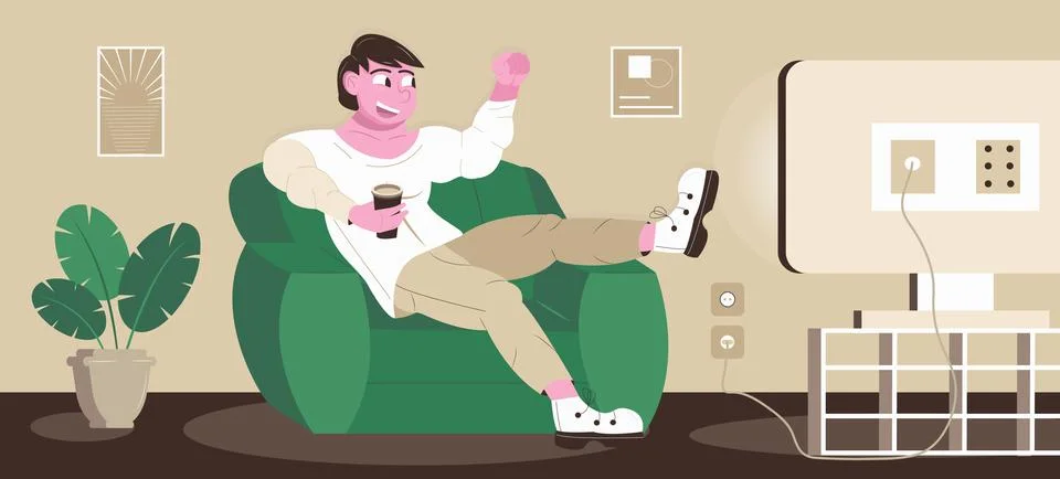 TV watching vector. Young man sitting on sofa and watching TV set, drinking. Stock Illustration