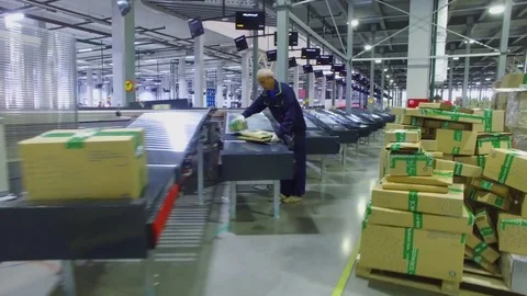 TVER - MAY 17, 2017: Workers get parcels from conveyor and pack them in stacks Video stock 82682659