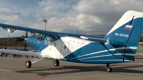 TVS-2-DT biplane aircraft with turbojet engine with running engine at airfield. Stock Footage 147725232