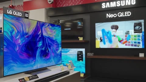 TVs of different brands at an electronics store. Minsk, Belarus - March 12, 2024 Stock Footage 267860142