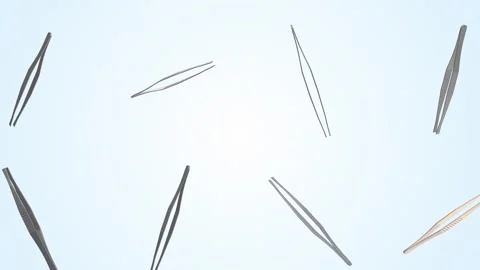 Tweezers Falling on a Light Blue Background. Stainless Steel Tweezers 3D. 4K Video stock 300566377