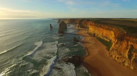 Twelve Apostles at sunset, aerial view of Australian Coast Stock Footage