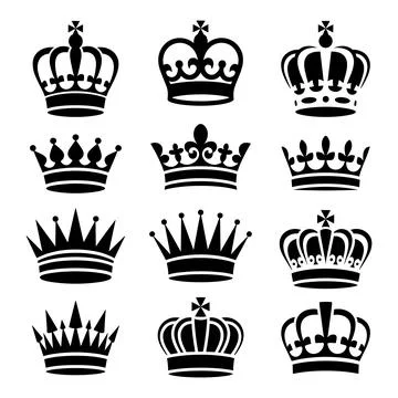 Twelve black and white crown in a grid crowns royal Stock Illustration