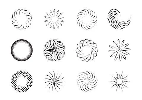 Twelve black dot patterns radial abstract shapes on white background circle Stock Illustration