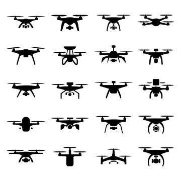 Twelve black drone silhouettes in various quadcopter Illustrazione stock
