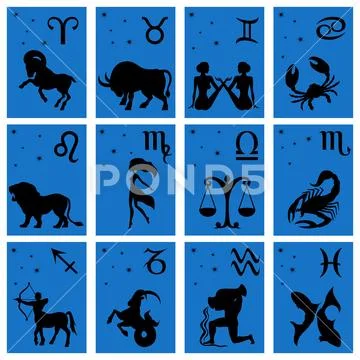 Twelve black silhouettes of Zodiac signs over blue Stock Illustration