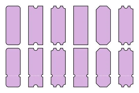 Twelve blank lavender ticket templates with perforated lines and various ro.. Ilustración de archivo