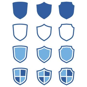Twelve blue shield protection security safe guard icons collection set flat. Stockillustratie