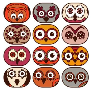 Twelve cute owl faces in oval shapes Stock Illustration