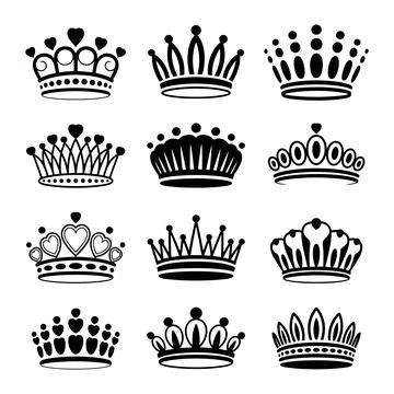 Twelve Different Black and White Crown royal king Stock Illustration