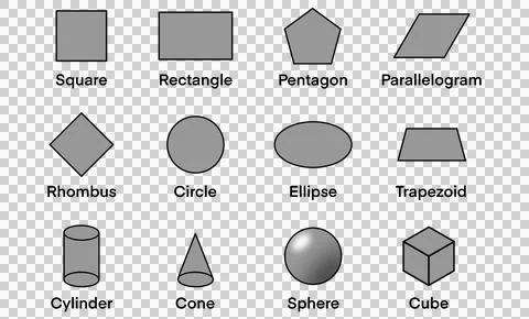 Twelve different geometric shapes, including both 2D shapes 库存插图