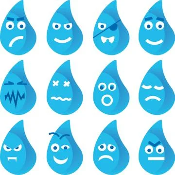 Twelve drop characters in blue tones and flat style. Stock Illustration