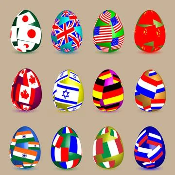 Twelve easter eggs of different colors with flags of different countries. Stock Illustration