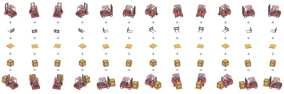 Twelve forklifts with boxes in isometric. Stock Illustration