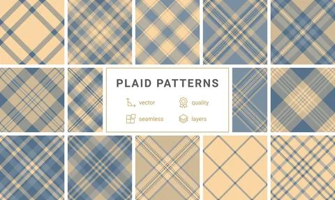Twelve highquality seamless plaid patterns in muted blue and beige tones.  Pe Illustrazione stock