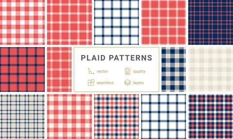 Twelve highquality vector plaid patterns in coral, navy, and cream. Seamless  Illustrazione stock