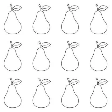 Twelve identical pear fruit with leaves arranged in a grid, simple black ou.. Stock Illustration