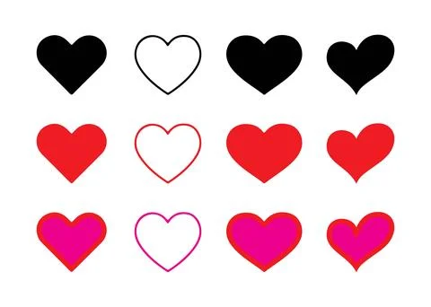 Twelve Mixed Red Black Pink Heart Icons Stock Illustration