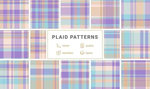 Twelve pastel plaid patterns in soft purple, beige, and aqua.  Seamless vecto Illustrazione stock