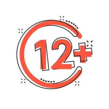 Twelve plus icon in comic style. 12+ cartoon vector illustration on white iso 스톡 일러스트