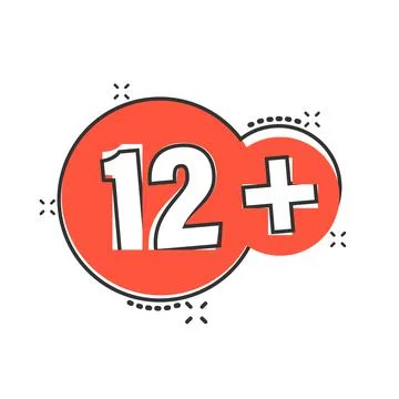 Twelve plus icon in comic style. 12+ cartoon vector illustration on white iso Illustrazione stock