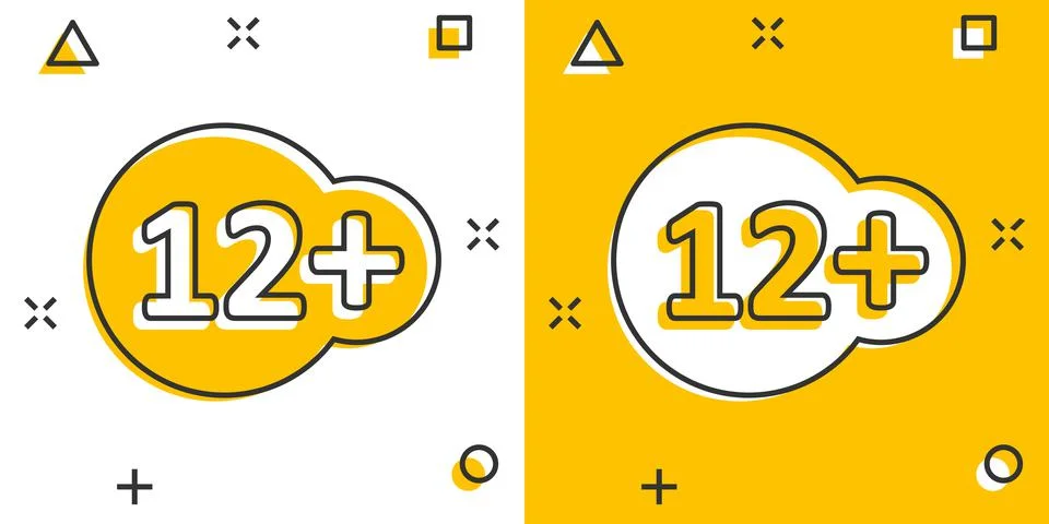 Twelve plus icon in comic style. 12+ cartoon vector illustration on white iso Stock Illustration