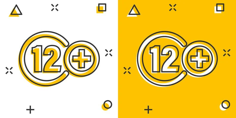 Twelve plus icon in comic style. 12+ cartoon vector illustration on white iso イラスト素材