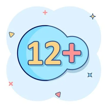 Twelve plus icon in comic style. 12+ cartoon vector illustration on white iso 스톡 일러스트