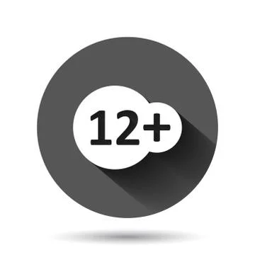 Twelve plus icon in flat style. 12+ vector illustration on black round backgr Illustrazione stock