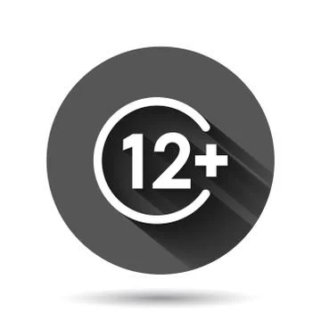 Twelve plus icon in flat style. 12+ vector illustration on black round backgr Stock Illustration