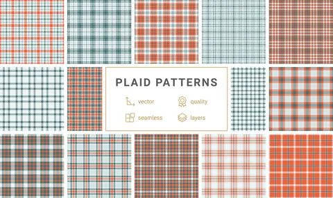 Twelve seamless vector plaid patterns in teal, orange, and white.  Perfect fo Illustrazione stock