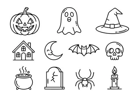Twelve simple black and white line art icons perfect for halloween Stock Illustration