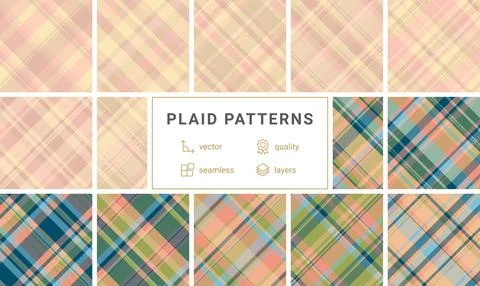 Twelve stylish plaid patterns in pastel and earthy tones.  Seamless vector de Illustrazione stock