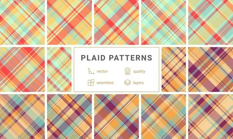 Twelve vibrant plaid patterns in a collection. Seamless vector designs in war Stock Illustration