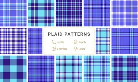 Twelve vibrant plaid patterns in cool blues and purples.  Seamless vector des Stock Illustration