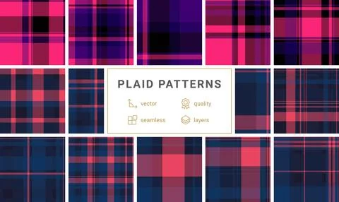 Twelve vibrant plaid patterns in pink, navy, and purple hues.  Seamless vecto Stock Illustration
