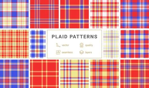 Twelve vibrant plaid patterns in red, blue, and yellow hues.  Seamless vector Illustrazione stock