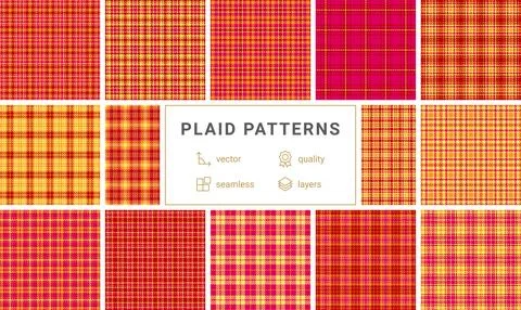 Twelve vibrant plaid patterns in red and gold hues.  Seamless vector designs  Stock Illustration
