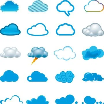 Twenty cloud icons in different shapes and styles. Stock Illustration